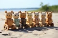 Multiple cute wooden toy teddy bears with wheals on a sandy beach. Sea view in the background. Copy space.