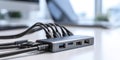 Multiple data and power cables connected to a modern USB hub on a desk with a blurred background of an office space Royalty Free Stock Photo