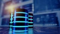 Multiple database is placed on Relational database tables with server room and datacenter background. Royalty Free Stock Photo