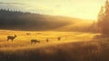 Multiple Deer Grazing In Golden Field With Sun Rays Shining Through Trees Royalty Free Stock Photo