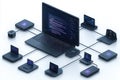 Multiple devices connected to a central laptop displaying code in a tech workspace setup Royalty Free Stock Photo