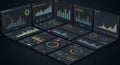 Multiple digital dashboards display various data visualizations, including line graphs, Royalty Free Stock Photo