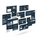 Multiple digital dashboards showing analytics and data visualizations, including Royalty Free Stock Photo