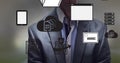 Multiple digital device and media icons over businessman, technology and corporate concepts Royalty Free Stock Photo
