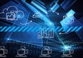 Multiple digital icons against binary coding data processing on blue background Royalty Free Stock Photo