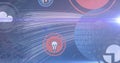 Multiple digital icons floating and light trails over binary coding on spinning globe Royalty Free Stock Photo