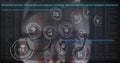 Multiple digital icons floating over male hacker against data processing on black background