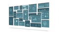 Multiple digital interface screens display various data visualizations and icons. These Royalty Free Stock Photo