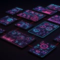 Multiple digital screens display futuristic interfaces, each featuring various graphical Royalty Free Stock Photo