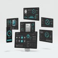 Multiple digital screens display sleek user interfaces featuring circular graphs, icons, Royalty Free Stock Photo