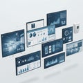 Multiple digital screens display various data-driven dashboards, charts, graphs, and Royalty Free Stock Photo