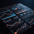 Multiple digital screens display various data visualizations, including line graphs, bar Royalty Free Stock Photo