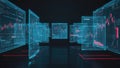 Multiple digital screens float in 3D space, displaying stock charts and futuristic data visuals in a glowing tech Royalty Free Stock Photo