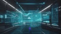 Multiple digital screens float in 3D space, displaying stock charts and futuristic data visuals in a glowing tech Royalty Free Stock Photo