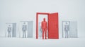 Multiple doors opened with man standing in front. Opportunities and choice concept Royalty Free Stock Photo