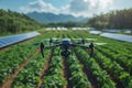 multiple drones autonomously working on a large scale farm, performing tasks like seeding and irrigation Royalty Free Stock Photo
