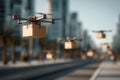 Multiple drones carrying packages flying over city street, representing future of logistics and delivery Royalty Free Stock Photo