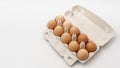 Multiple eggs in cardboard box on a white background