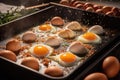 multiple eggs frying in a large griddle pan