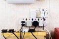 Multiple electricity plugs on adapter risk overloading and dange Royalty Free Stock Photo