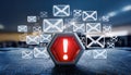 Multiple email icons and a large red exclamation mark, indicating a spam warning or alert