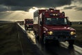 Multiple emergency vehicles on road in the evening, responding to an emergency