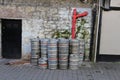 Empty metal kegs outside a bar in Ireland. Ireland is known for their drinking culture and tourists flock to the country to experi
