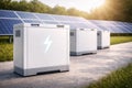 Multiple energy storage batteries aligned near solar panels with perspective depth and sunlight Royalty Free Stock Photo