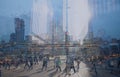 Multiple exposure of city commuters and skyscrapers in London