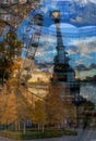 Multiple exposure with London Eye, street lamp and modern office building