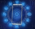 Multiple exposure of modern smartphone, night sky and zodiac wheel. Horoscope online