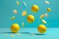 Multiple falling lemons against pastel blue background. Generative AI