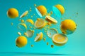 Multiple falling lemons against pastel blue background. Generative AI