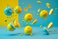 Multiple falling lemons against pastel blue background. Generative AI