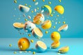 Multiple falling lemons against pastel blue background. Generative AI