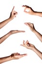Multiple female hand gestures isolated over the white background, set of multiple images Royalty Free Stock Photo