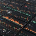 Multiple financial graphs and charts displayed on a dark interface with red and green Royalty Free Stock Photo