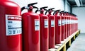 multiple fire extinguishers lined up in rows within a storage facility
