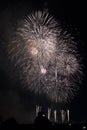 Multiple Fireworks in night sky in a composition in shades white and gold