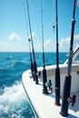 Multiple fishing rods secured on boat railing, sunny day, fishing rods, bright Royalty Free Stock Photo
