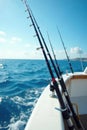 Multiple fishing rods secured on boat railing, sunny day, fishing, water Royalty Free Stock Photo