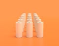 Multiple flat color white plastic soda cans in rows in yellow orange background, monochrome, single color, 3d rendering