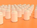 Multiple flat color white plastic soda cans in rows in yellow orange background, monochrome, single color, 3d rendering