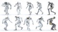 Multiple futuristic robots in dynamic poses on a clean white background studio Royalty Free Stock Photo