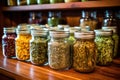 multiple glass jars storing dried medicinal herbs