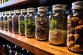 multiple glass jars storing dried medicinal herbs