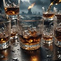 Pouring Whiskey Into Several Glasses. Generative AI