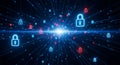 Digital security concept with glowing padlock icons and binary code network representing cyber protection Royalty Free Stock Photo