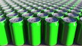 Multiple green aluminum cans, shallow focus. Soft drinks or beer production. Recycling packaging. 3D rendering Royalty Free Stock Photo