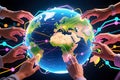 Multiple hands interact with a glowing Earth globe displaying colorful interconnected data networks, symbolizing global Royalty Free Stock Photo